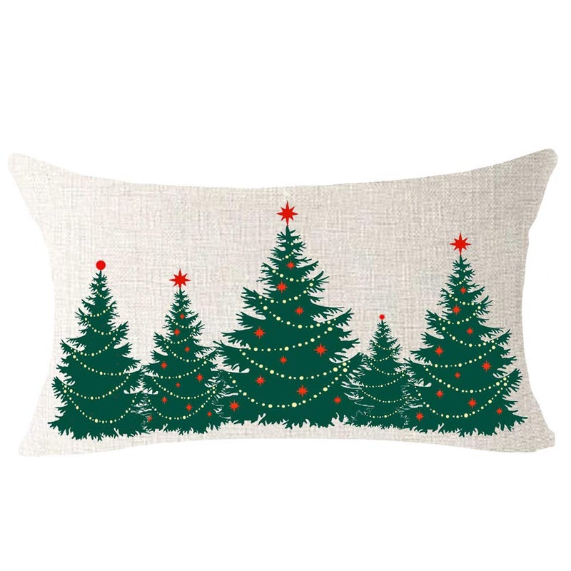 FELENIW Merry Christmas Green Pine Tree Snowflake Star Blessing Gift for Family Friend Cotton Linen Decorative Throw Pillow Cover Cushion Case Lumbar 12x20 inches - Image 1